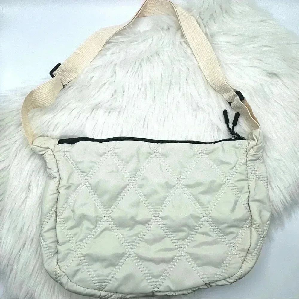Quilted Nylon Crossbody Hobo Bag in Cream